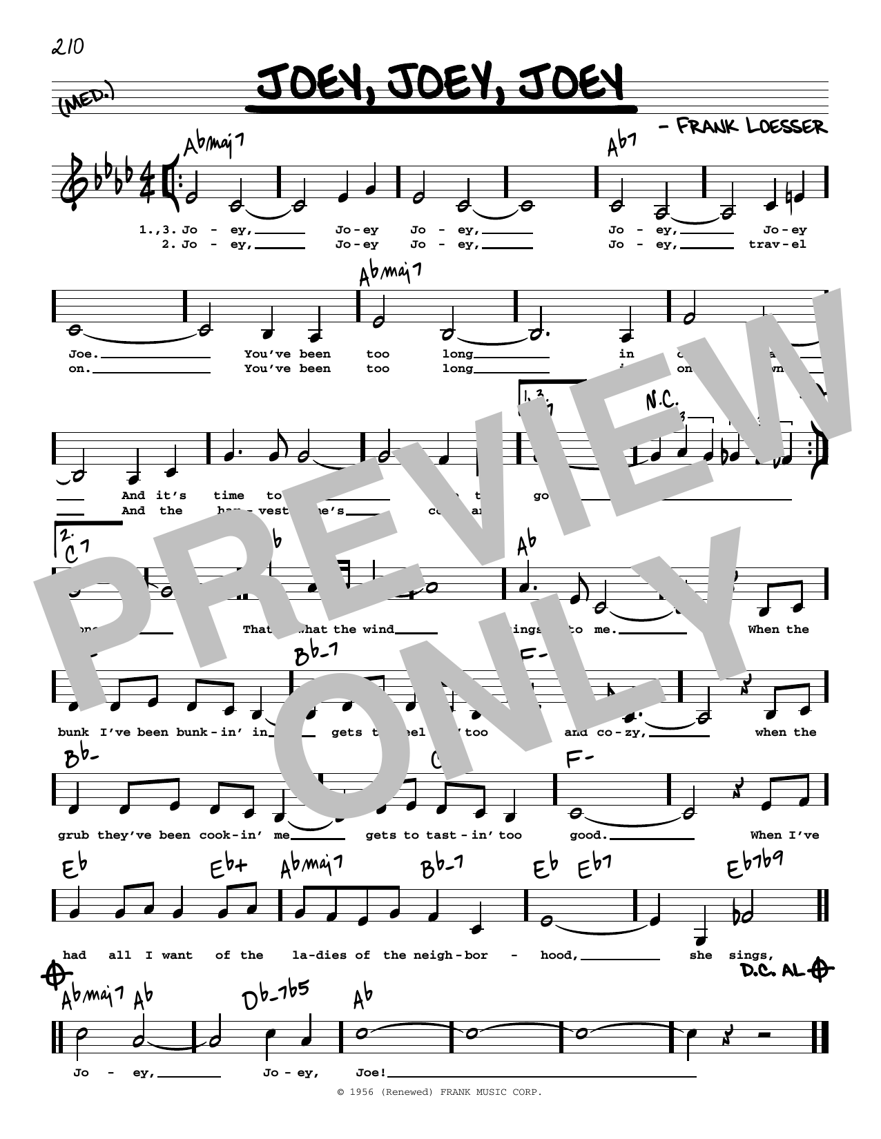 Download Frank Loesser Joey, Joey, Joey (Low Voice) Sheet Music and learn how to play Real Book – Melody, Lyrics & Chords PDF digital score in minutes