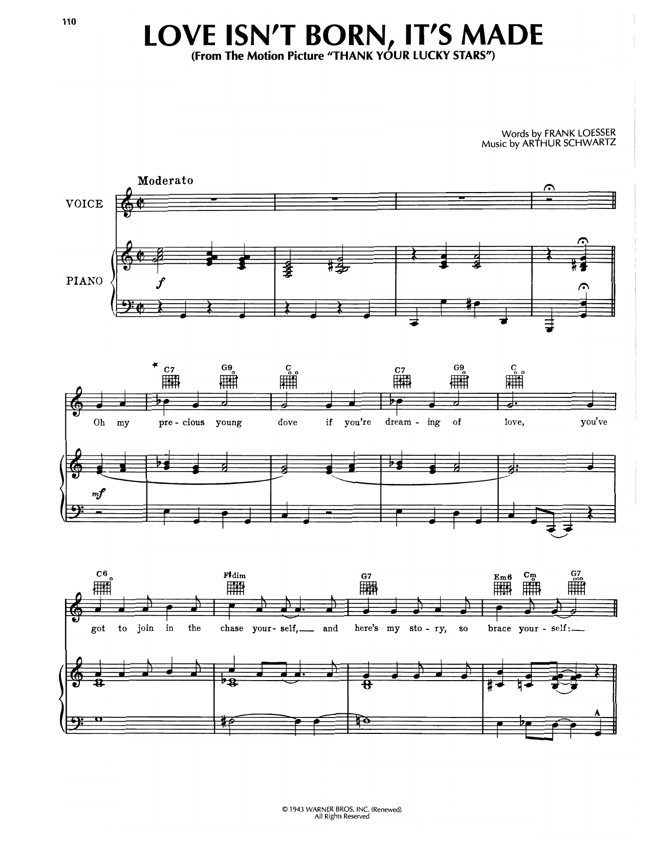 Download Frank Loesser Love Isn't Born, It's Made (from Thank Your Lucky Stars) Sheet Music and learn how to play Piano, Vocal & Guitar Chords (Right-Hand Melody) PDF digital score in minutes