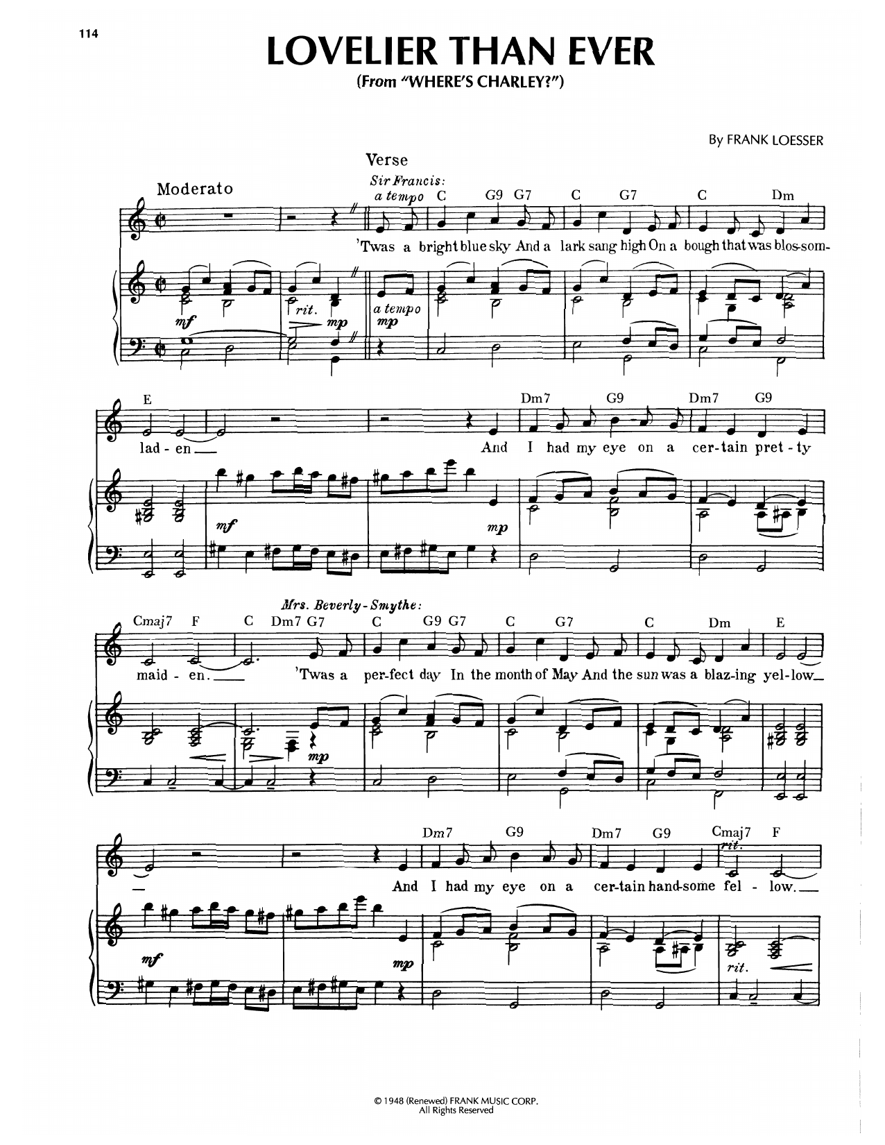 Download Frank Loesser Lovelier Than Ever (from Where's Charley?) Sheet Music and learn how to play Piano, Vocal & Guitar Chords (Right-Hand Melody) PDF digital score in minutes
