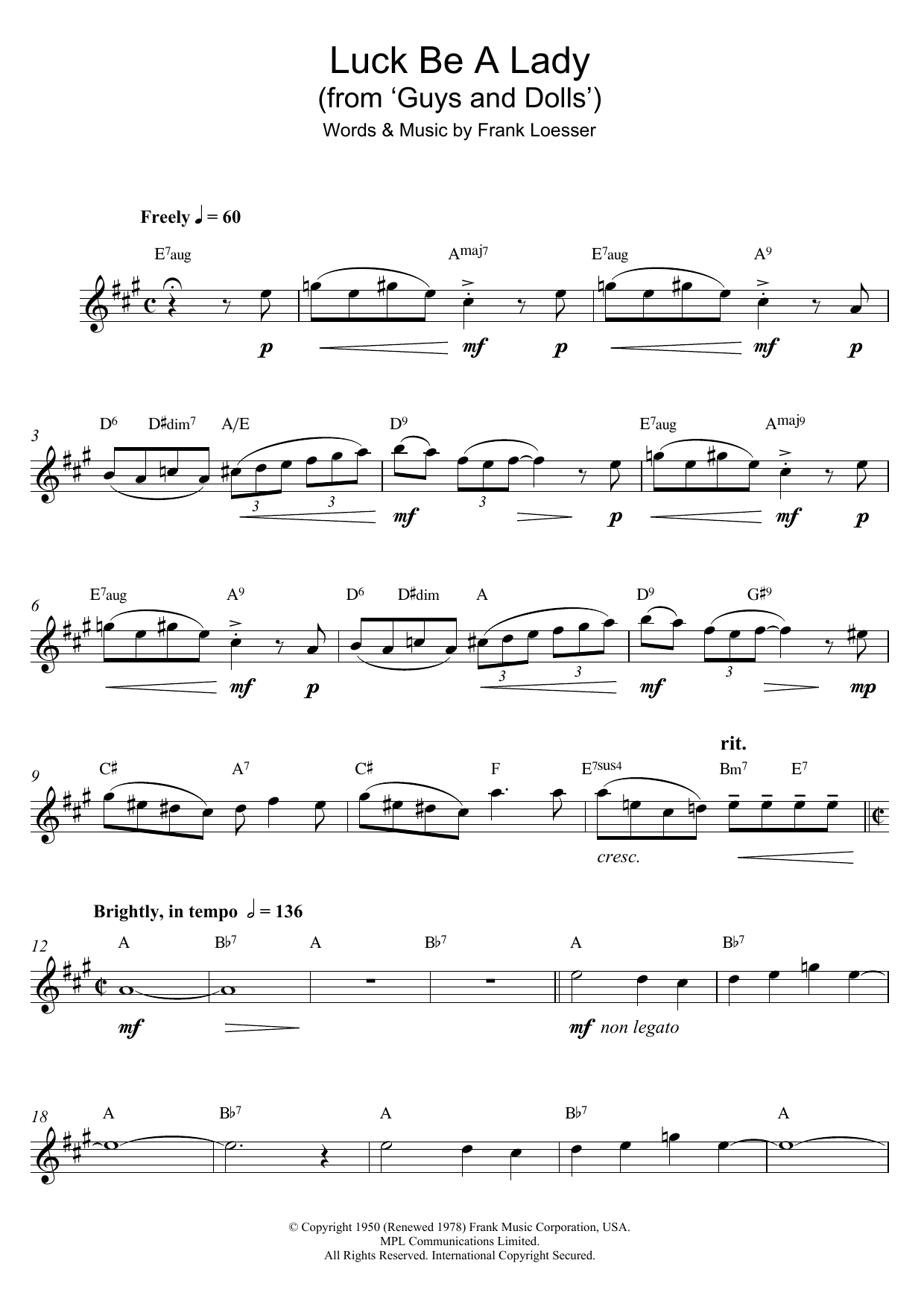 Download Frank Loesser Luck Be A Lady (from 'Guys and Dolls') Sheet Music and learn how to play Alto Saxophone PDF digital score in minutes