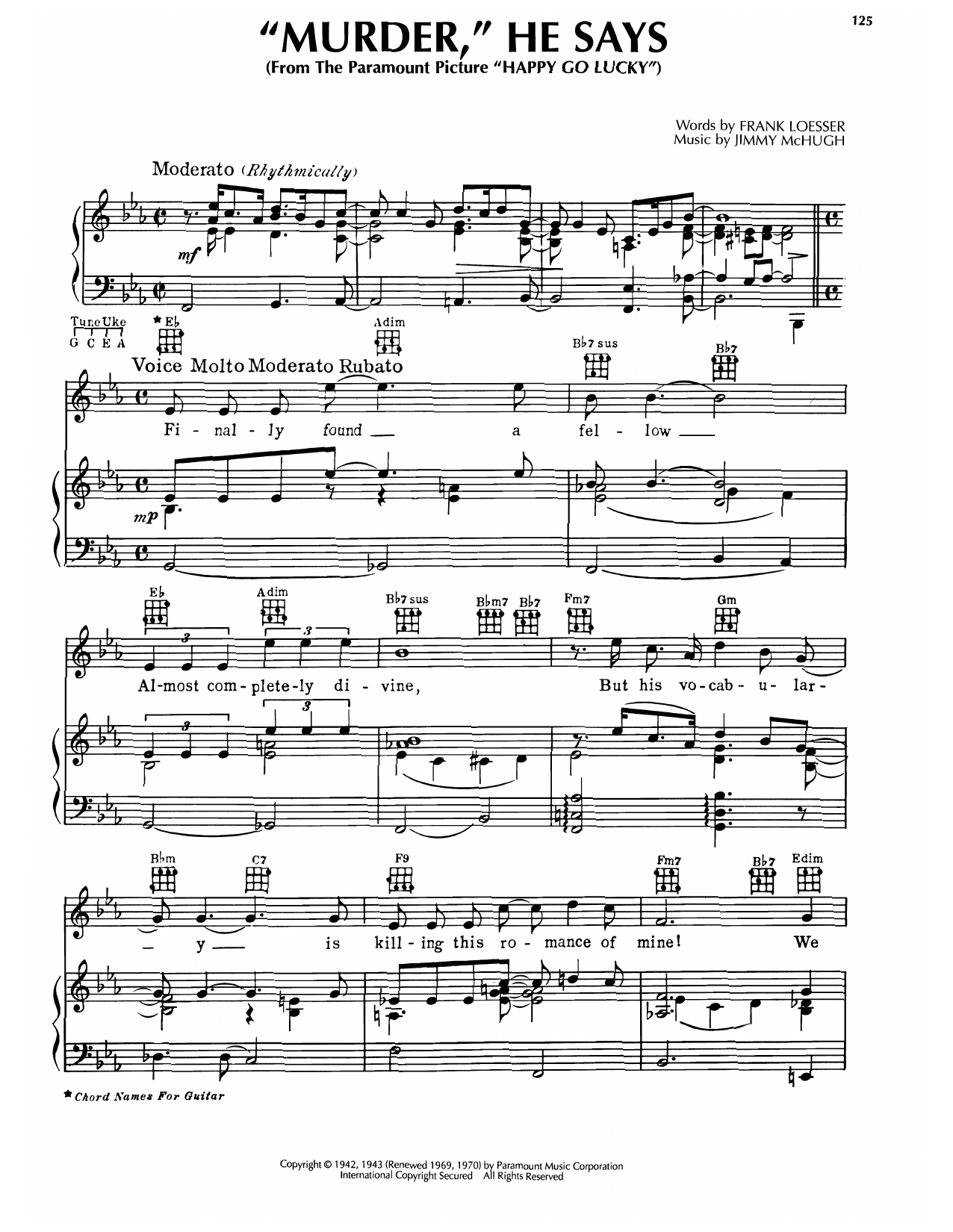 Download Frank Loesser Murder, He Says (from Happy Go Lucky) Sheet Music and learn how to play Piano, Vocal & Guitar Chords (Right-Hand Melody) PDF digital score in minutes