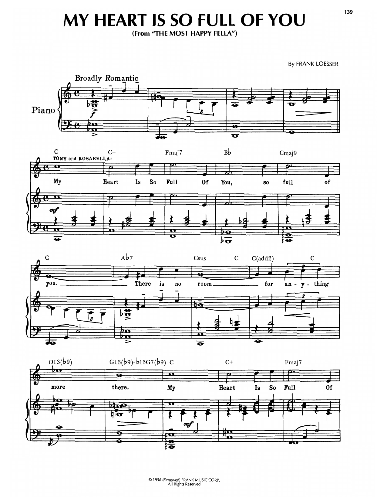 Download Frank Loesser My Heart Is So Full Of You (from The Most Happy Fella) Sheet Music and learn how to play Piano, Vocal & Guitar Chords (Right-Hand Melody) PDF digital score in minutes