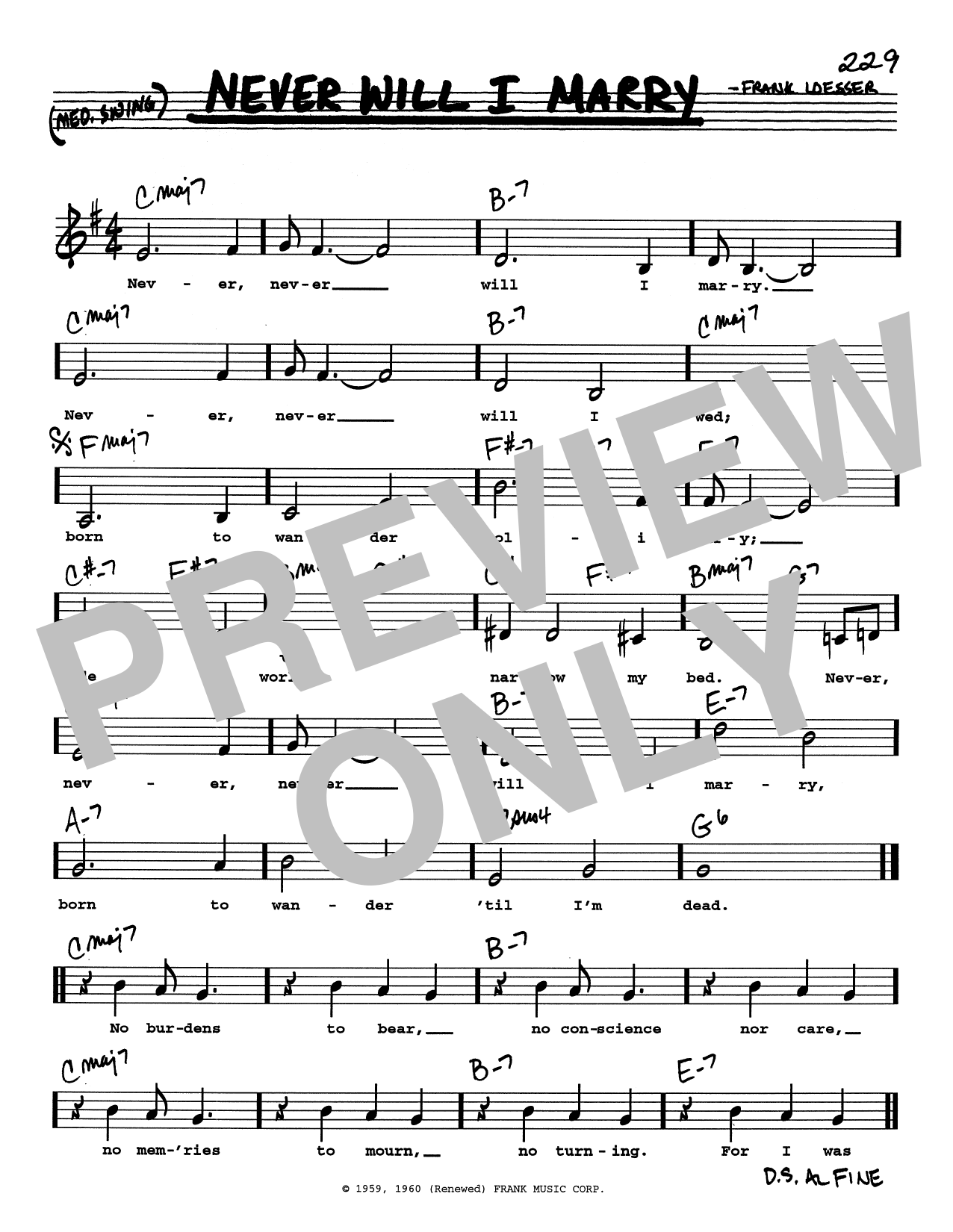 Download Frank Loesser Never Will I Marry (Low Voice) Sheet Music and learn how to play Real Book – Melody, Lyrics & Chords PDF digital score in minutes