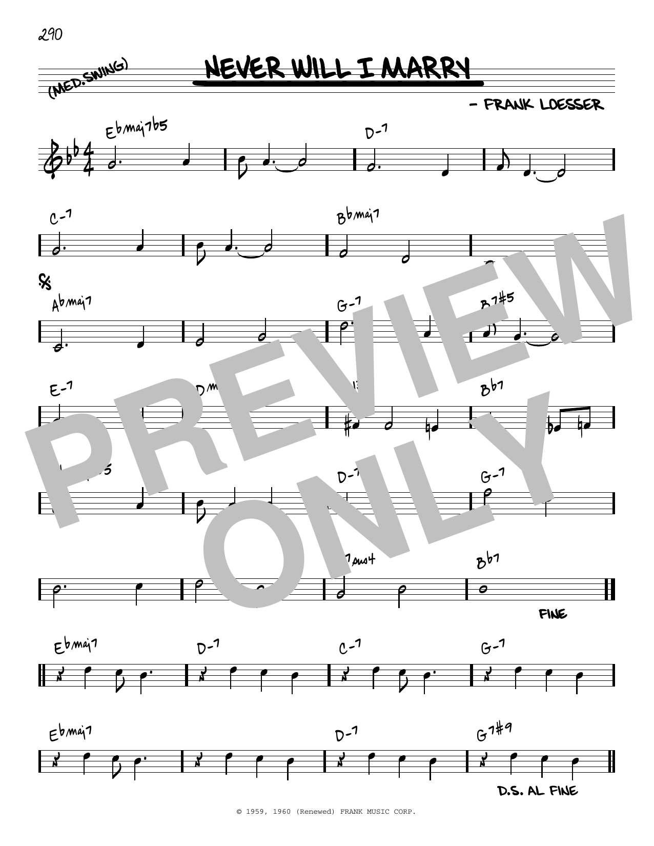 Download Frank Loesser Never Will I Marry [Reharmonized version] (arr. Jack Grassel) Sheet Music and learn how to play Real Book – Melody & Chords PDF digital score in minutes