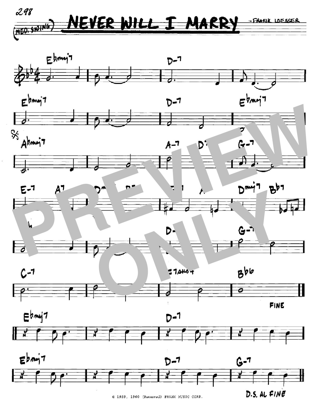 Download Frank Loesser Never Will I Marry Sheet Music and learn how to play Real Book - Melody & Chords - Bb Instruments PDF digital score in minutes