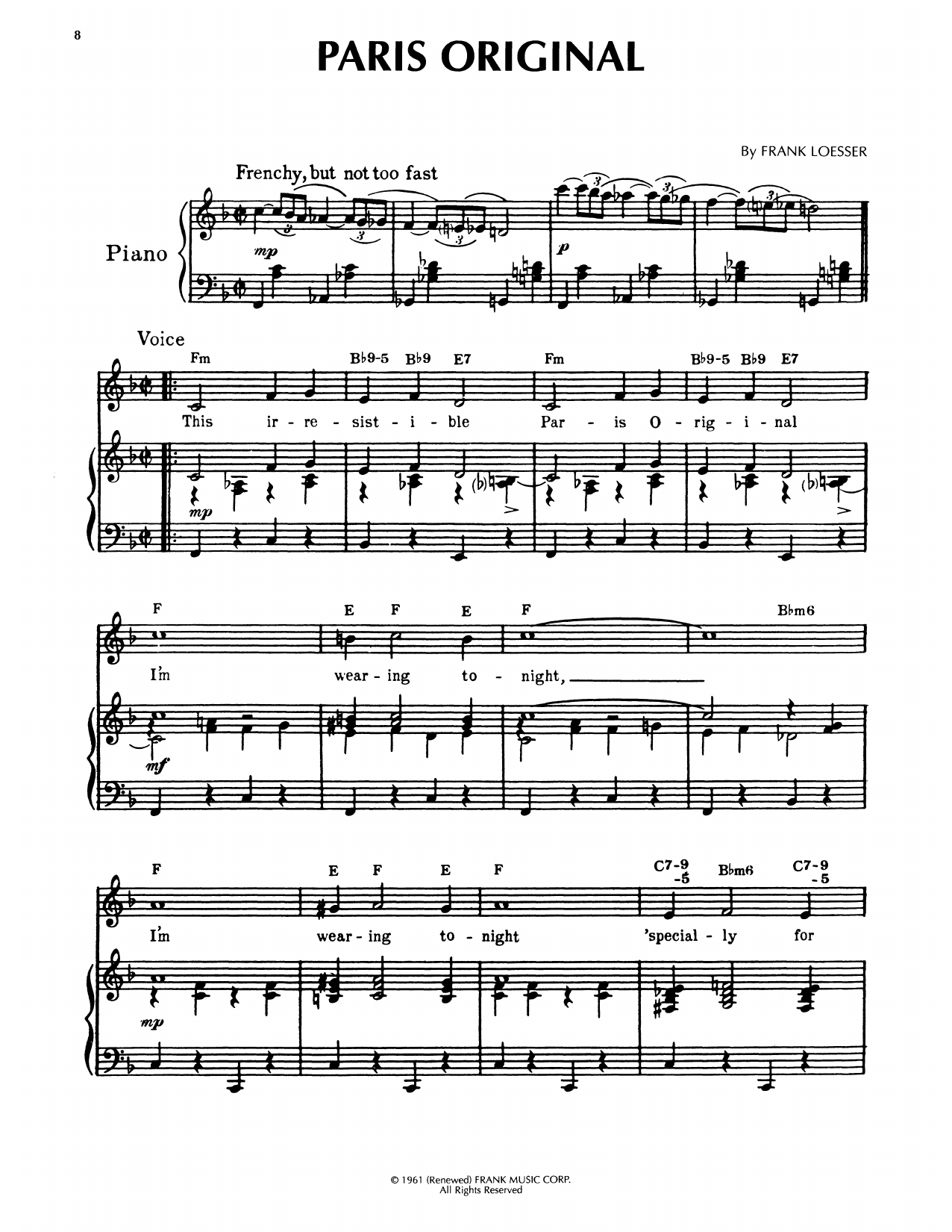 Download Frank Loesser Paris Original (from How To Succeed In Business Without Really Trying) Sheet Music and learn how to play Piano, Vocal & Guitar Chords (Right-Hand Melody) PDF digital score in minutes