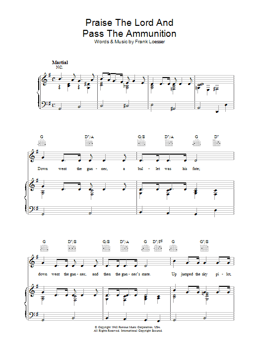 Download Frank Loesser Praise The Lord And Pass The Ammunition Sheet Music and learn how to play Piano, Vocal & Guitar (Right-Hand Melody) PDF digital score in minutes