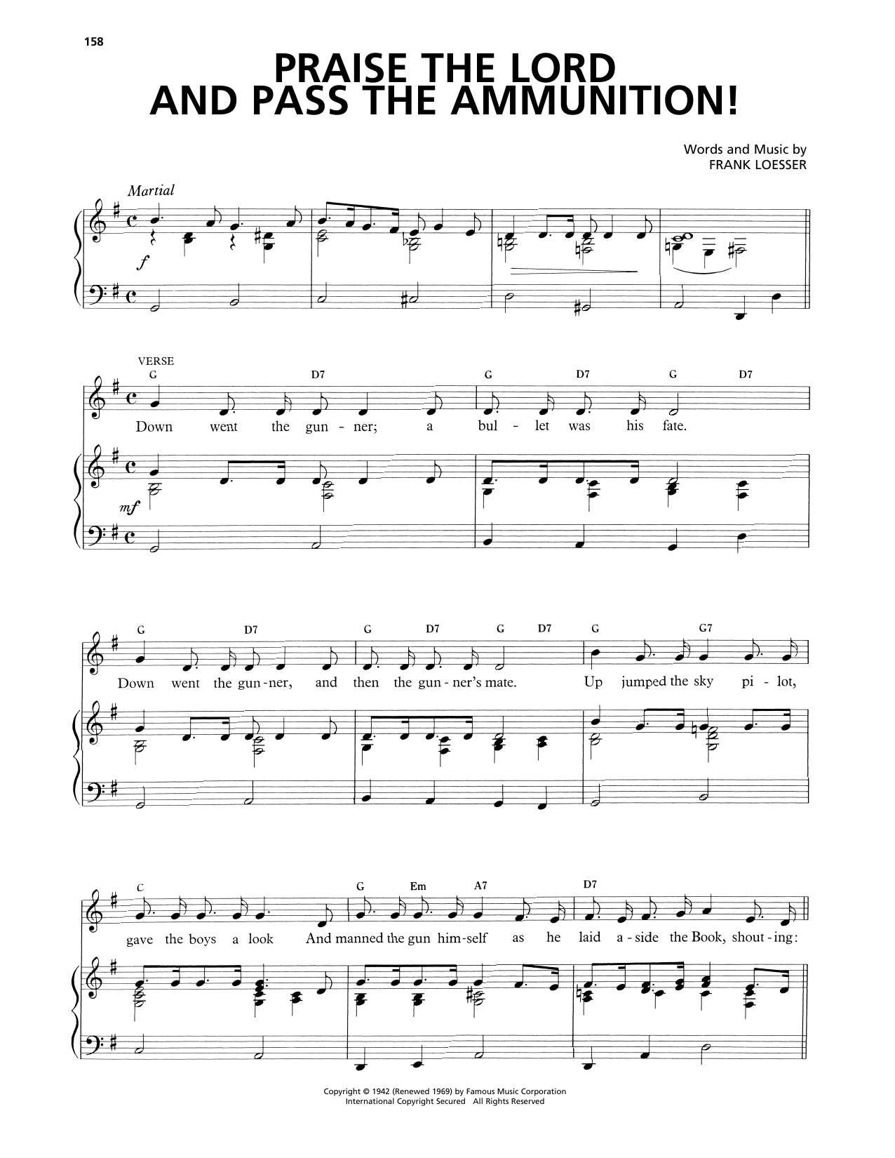 Download Frank Loesser Praise The Lord And Pass The Ammunition! Sheet Music and learn how to play Piano, Vocal & Guitar Chords (Right-Hand Melody) PDF digital score in minutes