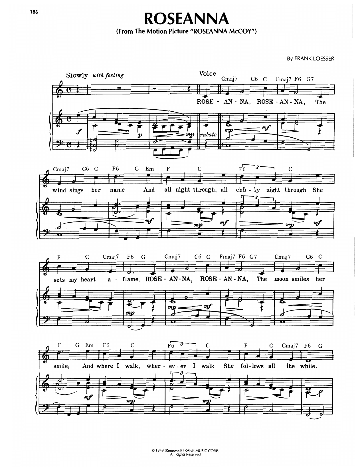 Download Frank Loesser Roseanna (from Roseanna McCoy) Sheet Music and learn how to play Piano, Vocal & Guitar Chords (Right-Hand Melody) PDF digital score in minutes