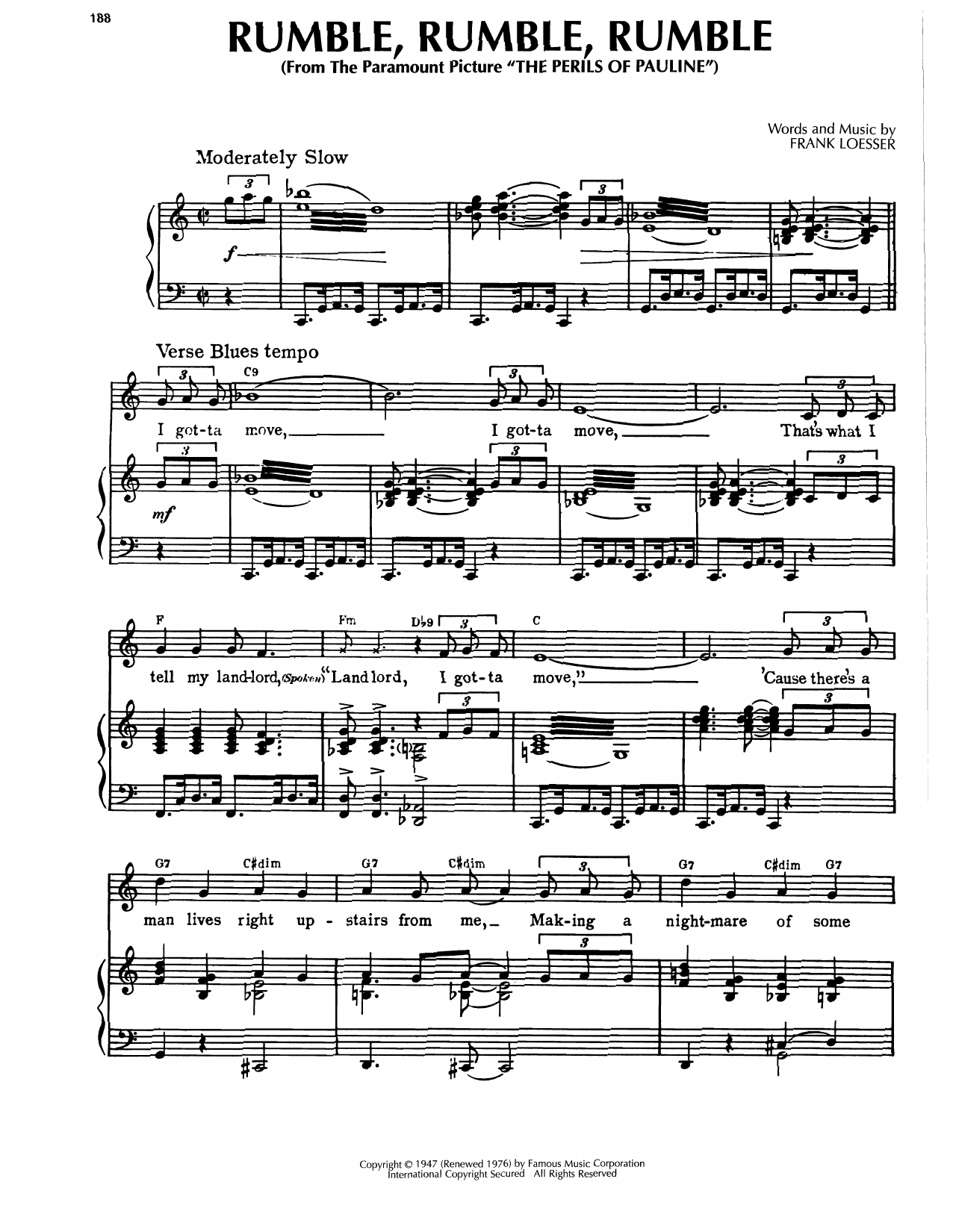 Download Frank Loesser Rumble, Rumble, Rumble (from The Perils Of Pauline) Sheet Music and learn how to play Piano, Vocal & Guitar Chords (Right-Hand Melody) PDF digital score in minutes