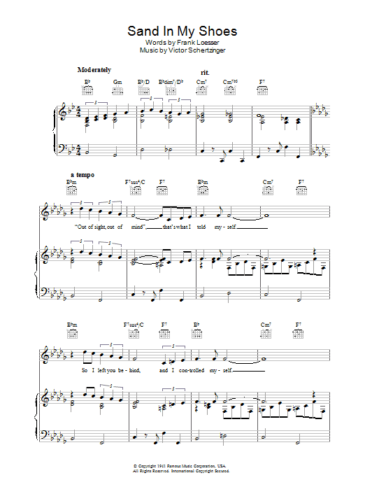 Download Frank Loesser Sand In My Shoes Sheet Music and learn how to play Piano, Vocal & Guitar (Right-Hand Melody) PDF digital score in minutes