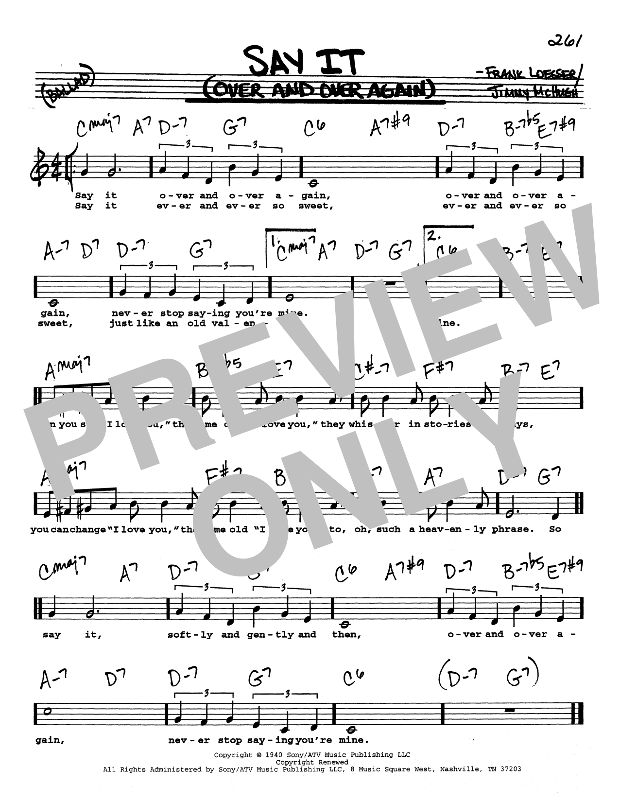 Download Frank Loesser Say It (Over And Over Again) (Low Voice) Sheet Music and learn how to play Real Book – Melody, Lyrics & Chords PDF digital score in minutes