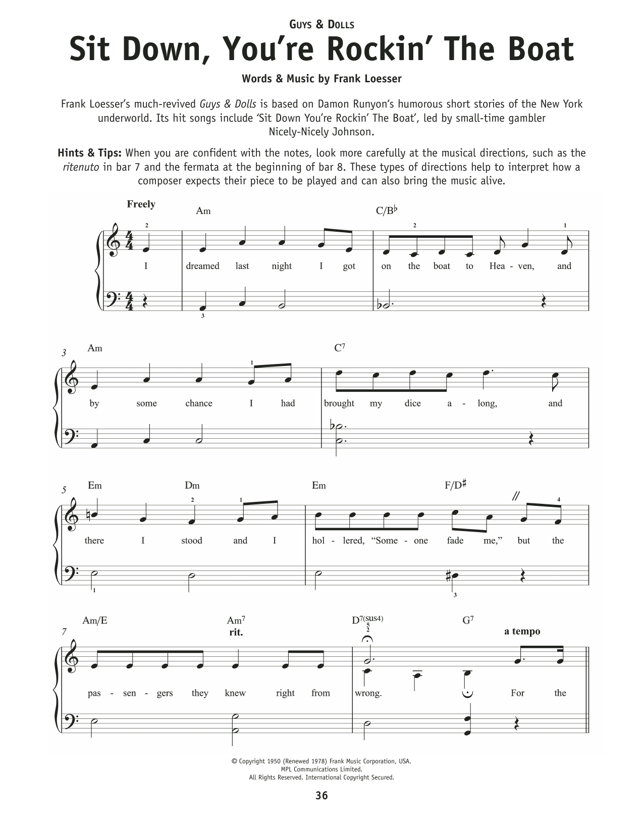 Download Frank Loesser Sit Down You're Rockin' The Boat (from Guys & Dolls) Sheet Music and learn how to play Really Easy Piano PDF digital score in minutes