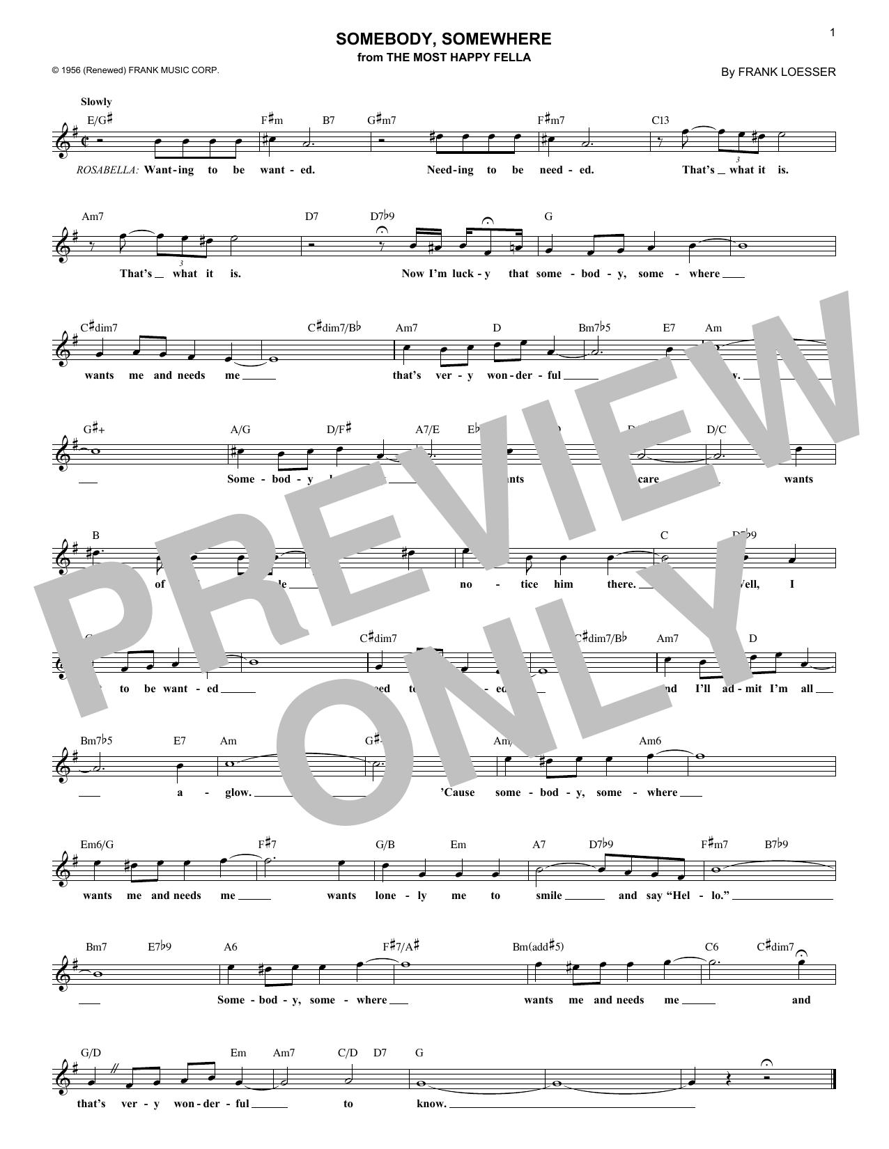 Download Frank Loesser Somebody, Somewhere (from The Most Happy Fella) Sheet Music and learn how to play Lead Sheet / Fake Book PDF digital score in minutes