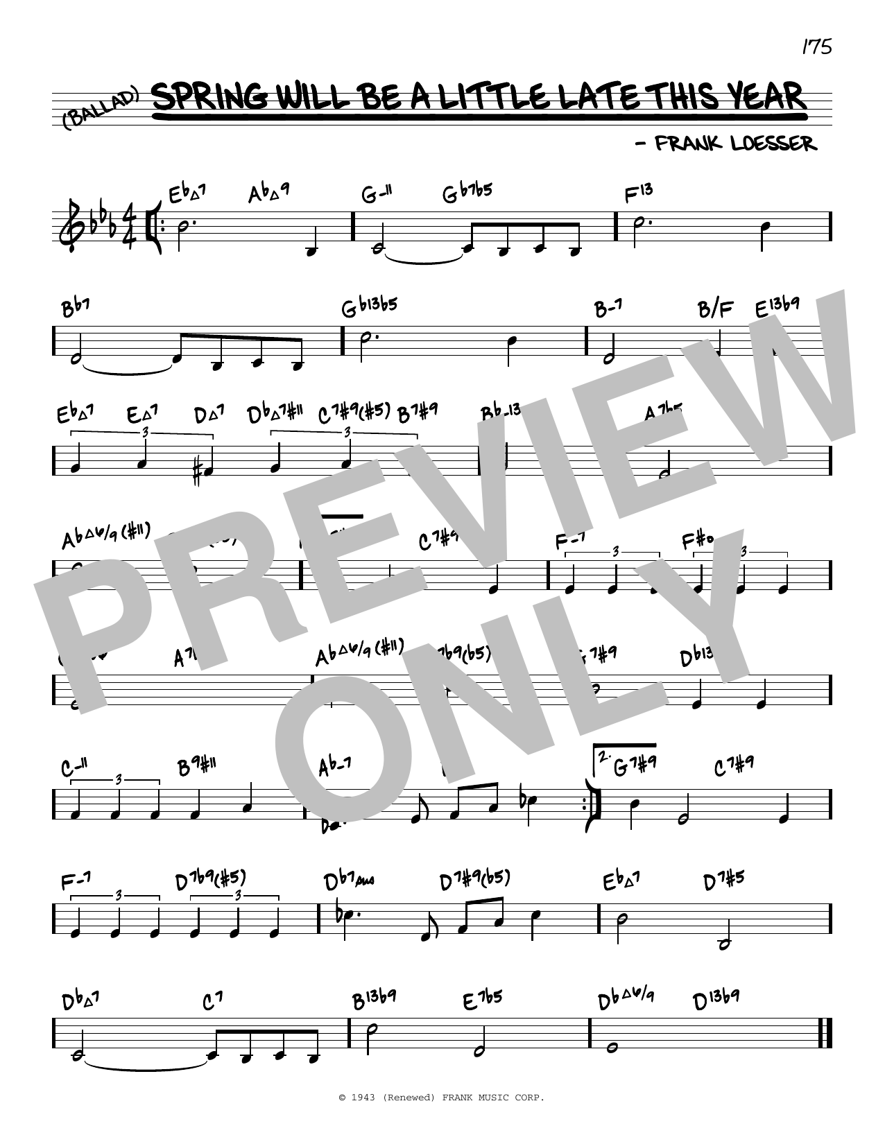 Download Frank Loesser Spring Will Be A Little Late This Year (arr. David Hazeltine) Sheet Music and learn how to play Real Book – Enhanced Chords PDF digital score in minutes