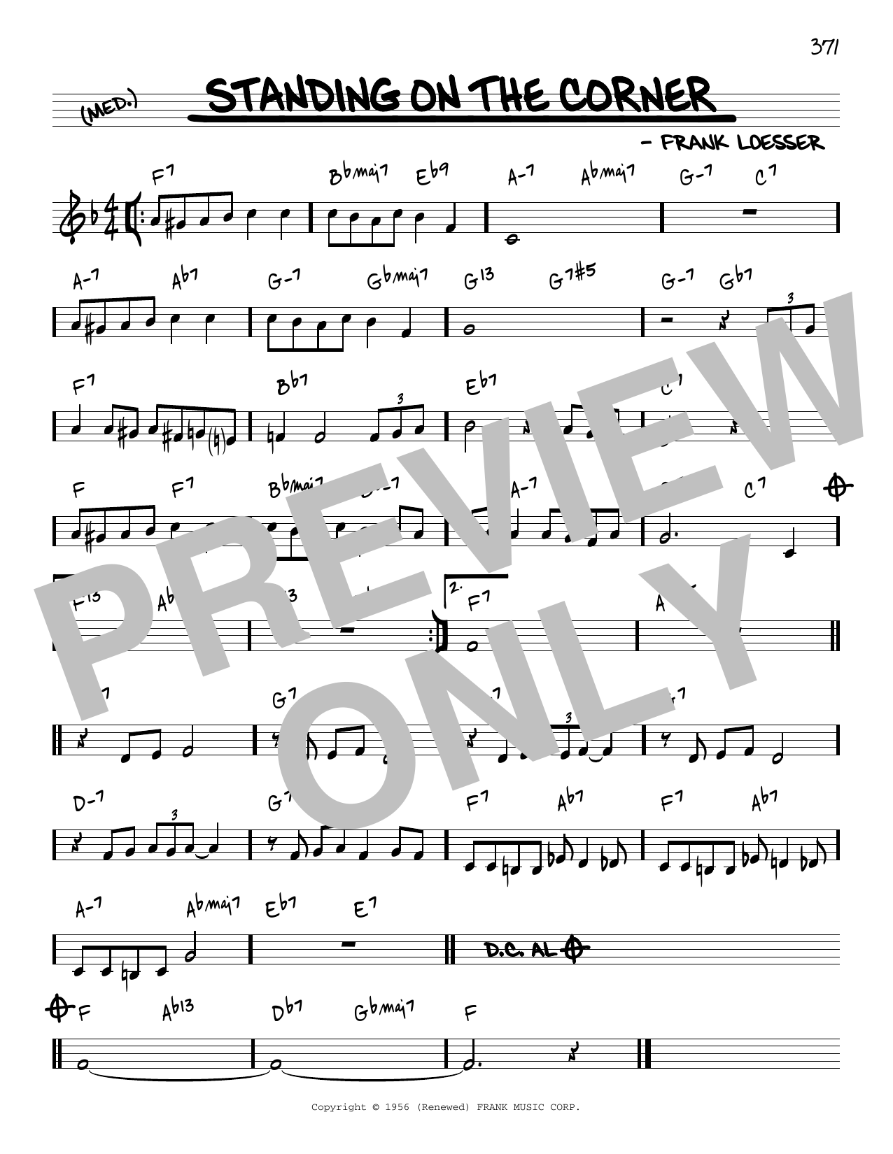 Download Frank Loesser Standing On The Corner [Reharmonized version] (arr. Jack Grassel) Sheet Music and learn how to play Real Book – Melody & Chords PDF digital score in minutes