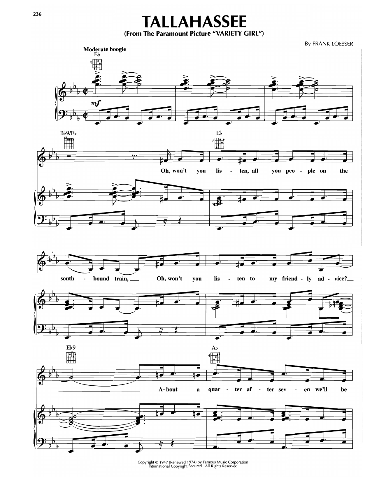 Download Frank Loesser Tallahassee Sheet Music and learn how to play Piano, Vocal & Guitar Chords (Right-Hand Melody) PDF digital score in minutes