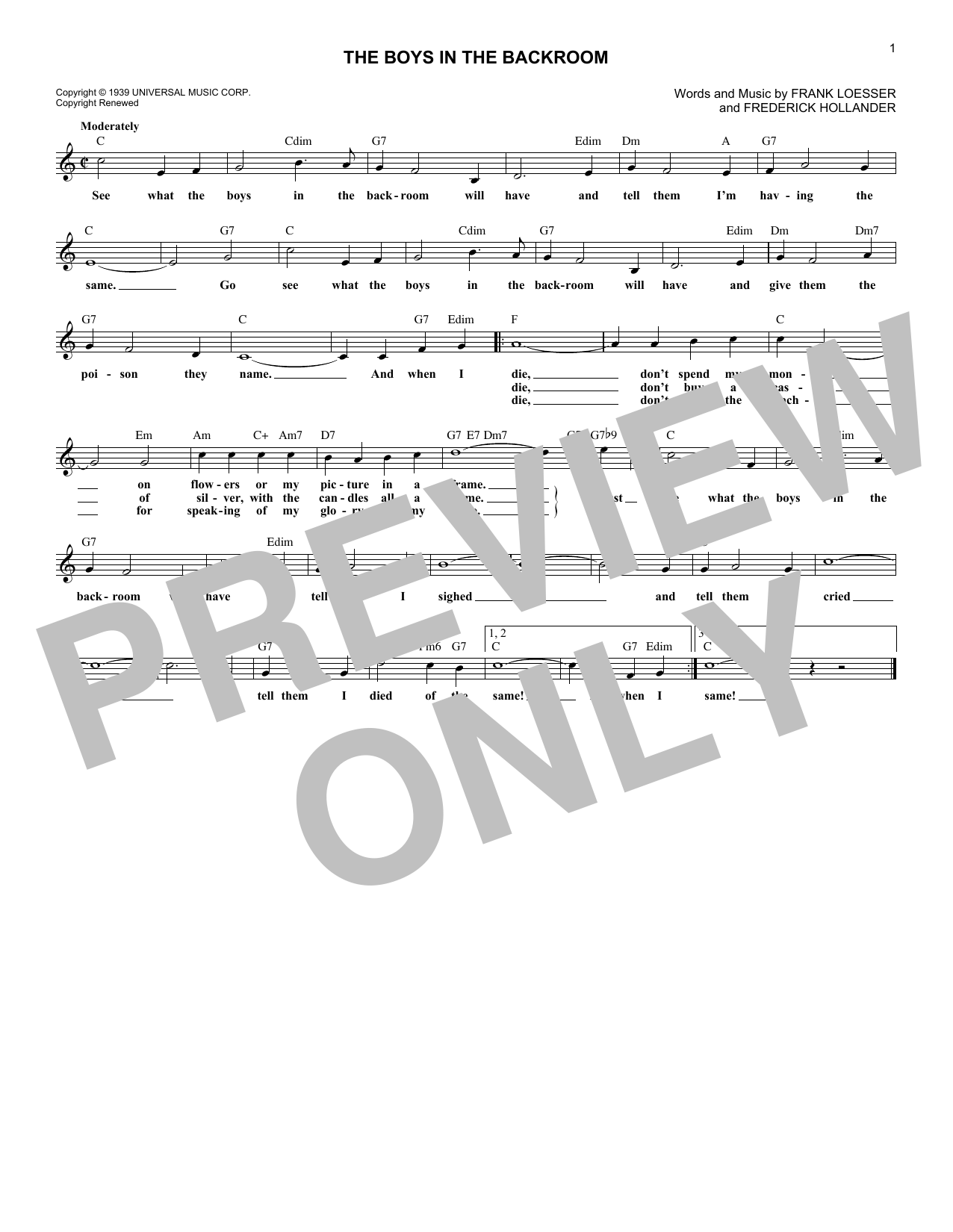 Download Frank Loesser The Boys In The Back Room Sheet Music and learn how to play Melody Line, Lyrics & Chords PDF digital score in minutes