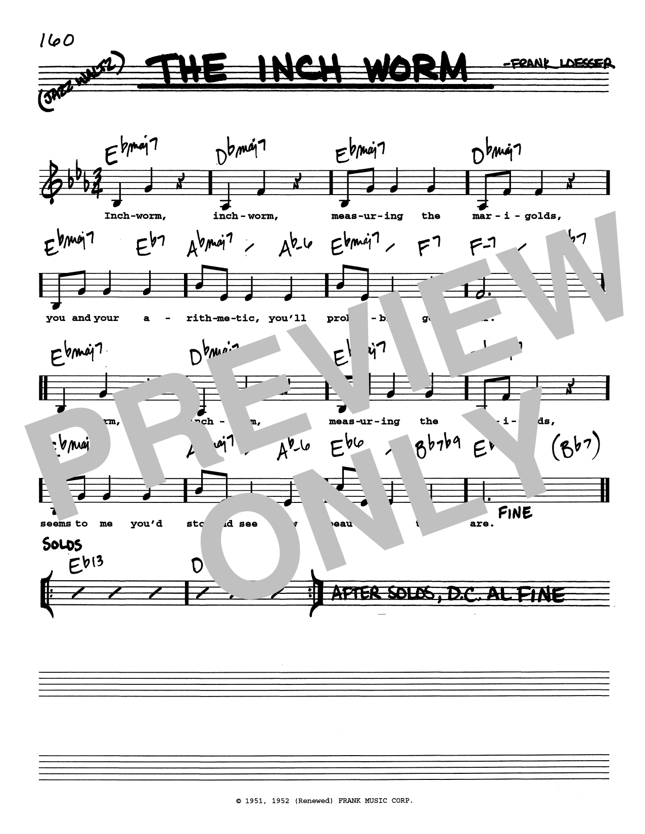 Download Frank Loesser The Inch Worm (Low Voice) Sheet Music and learn how to play Real Book – Melody, Lyrics & Chords PDF digital score in minutes