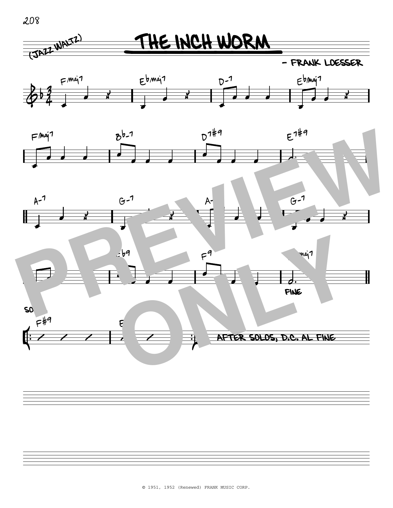 Download Frank Loesser The Inch Worm [Reharmonized version] (arr. Jack Grassel) Sheet Music and learn how to play Real Book – Melody & Chords PDF digital score in minutes