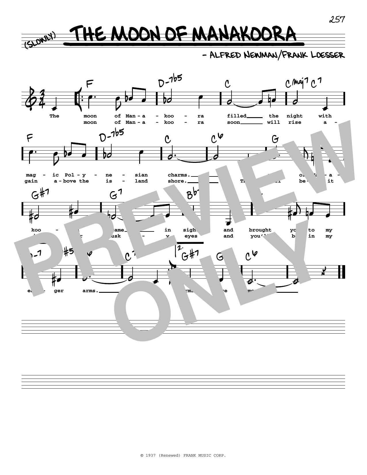 Download Frank Loesser The Moon Of Manakoora (Low Voice) Sheet Music and learn how to play Real Book – Melody, Lyrics & Chords PDF digital score in minutes