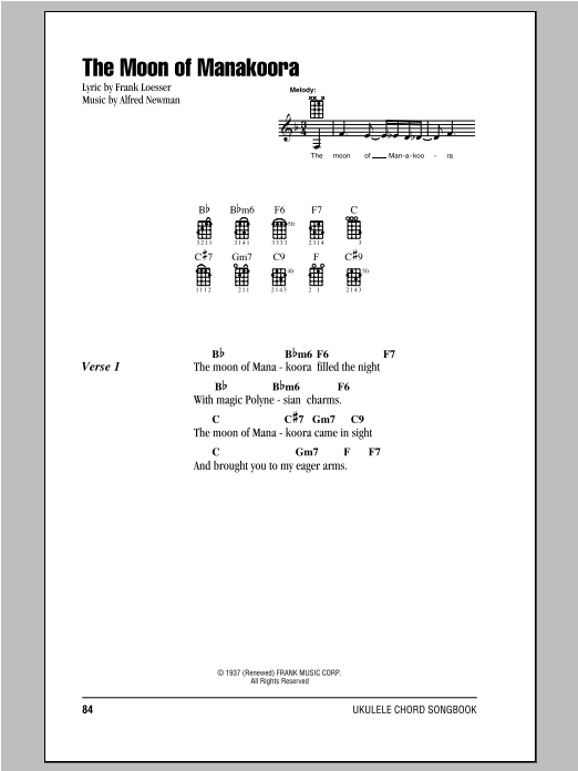 Download Frank Loesser The Moon Of Manakoora Sheet Music and learn how to play Real Book – Melody & Chords PDF digital score in minutes