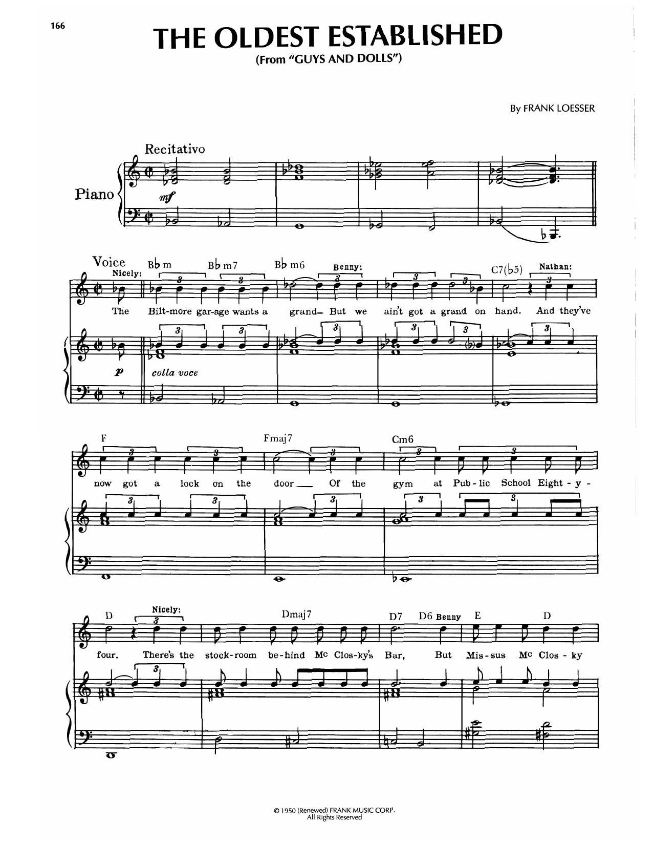 Download Frank Loesser The Oldest Established (from Guys And Dolls) Sheet Music and learn how to play Piano, Vocal & Guitar Chords (Right-Hand Melody) PDF digital score in minutes