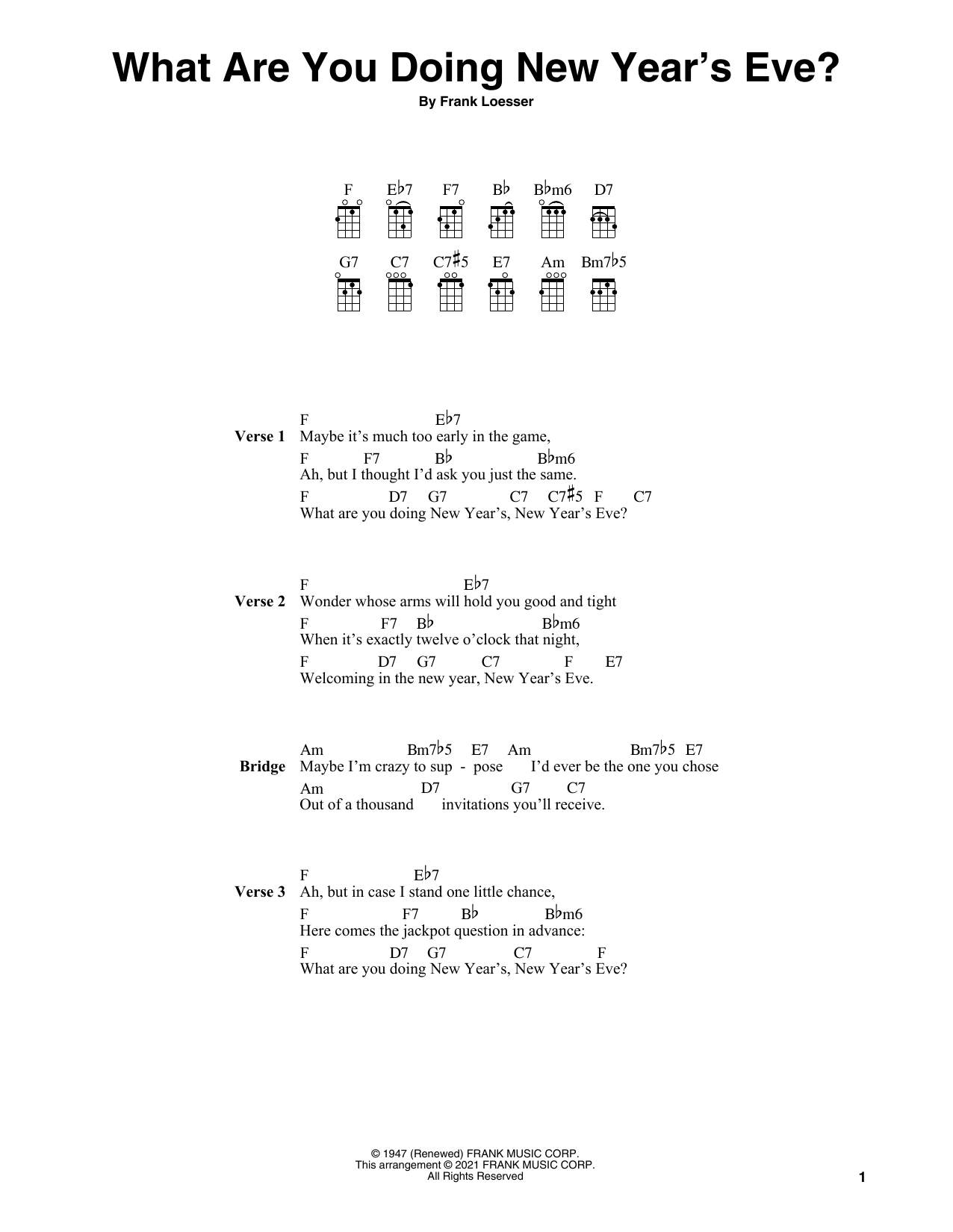 Download Frank Loesser What Are You Doing New Year's Eve? (arr. Fred Sokolow) Sheet Music and learn how to play Ukulele PDF digital score in minutes