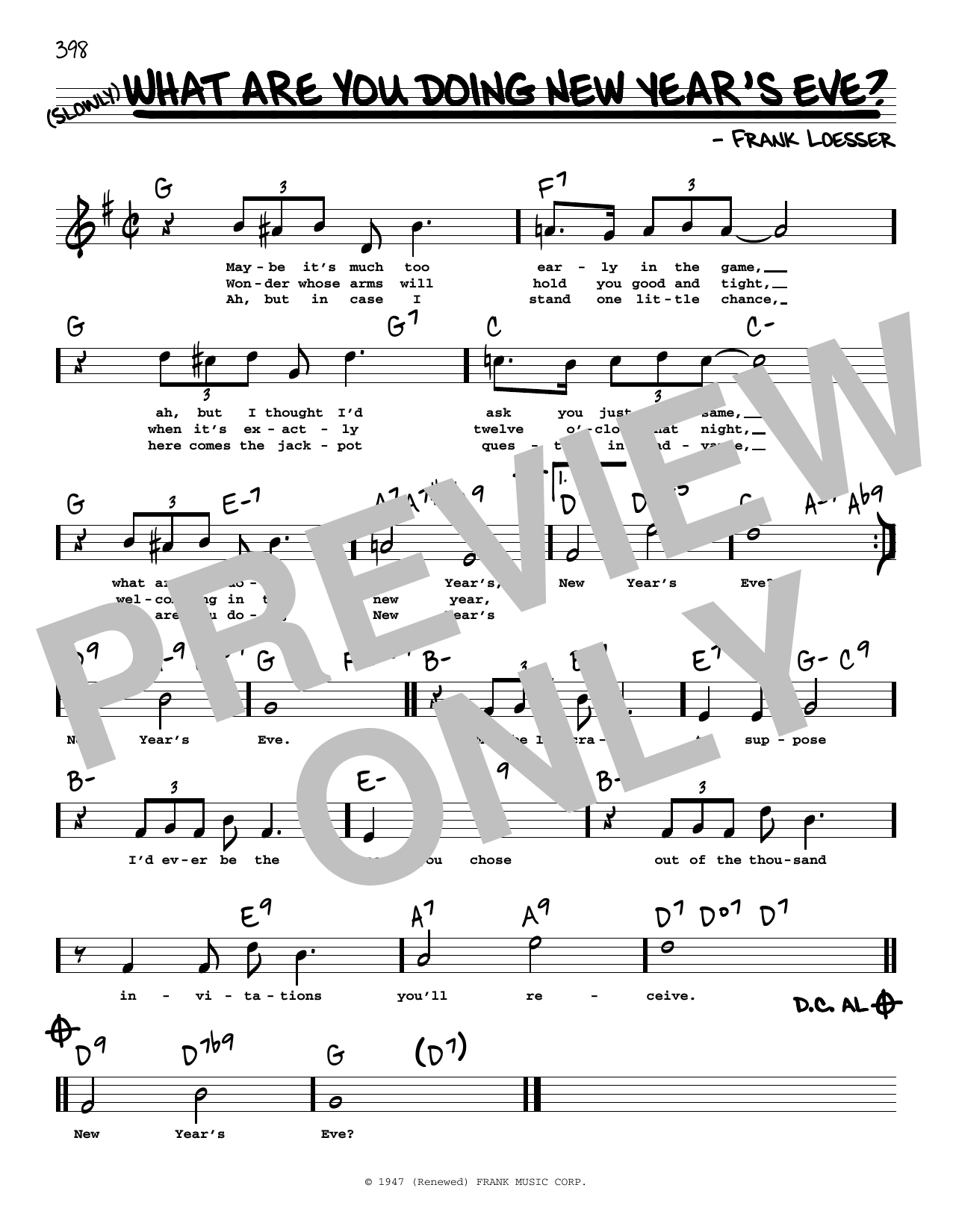 Download Frank Loesser What Are You Doing New Year's Eve? (High Voice) Sheet Music and learn how to play Real Book – Melody, Lyrics & Chords PDF digital score in minutes