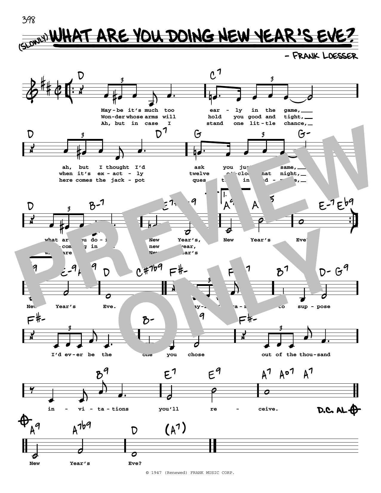 Download Frank Loesser What Are You Doing New Year's Eve? (Low Voice) Sheet Music and learn how to play Real Book – Melody, Lyrics & Chords PDF digital score in minutes