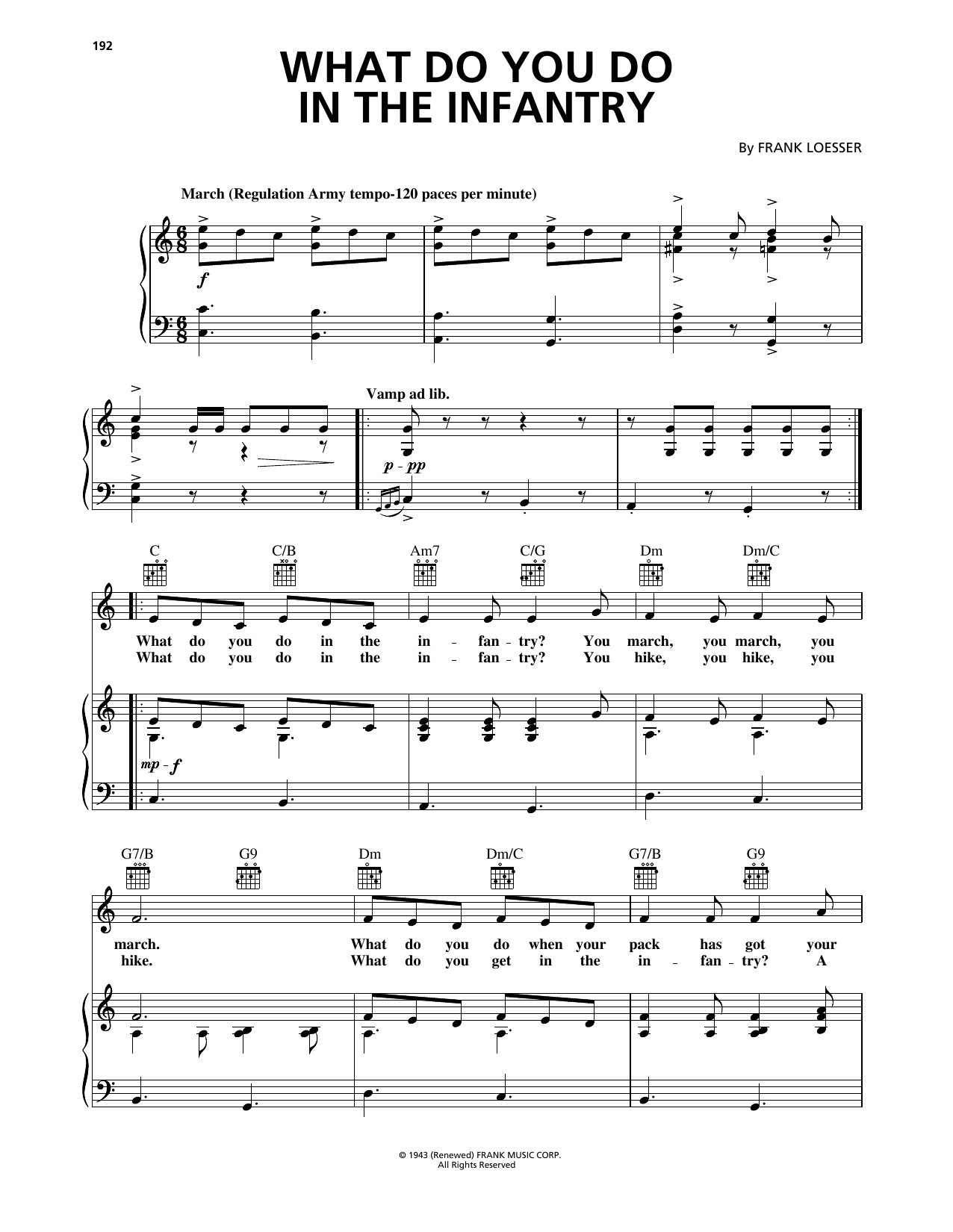 Download Frank Loesser What Do You Do In The Infantry Sheet Music and learn how to play Piano, Vocal & Guitar Chords (Right-Hand Melody) PDF digital score in minutes