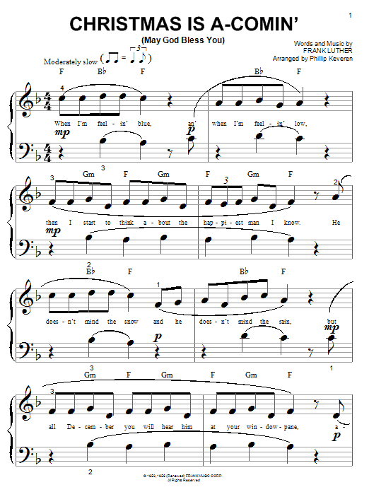 Download Frank Luther Christmas Is A-Comin' (May God Bless You) Sheet Music and learn how to play Piano (Big Notes) PDF digital score in minutes