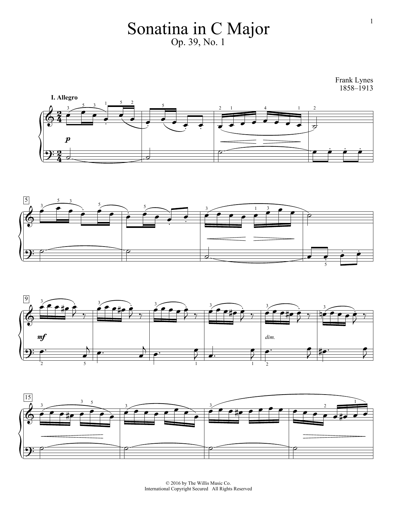 Download Frank Lynes Sonatina In C Major, Op. 39, No. 1 Sheet Music and learn how to play Educational Piano PDF digital score in minutes