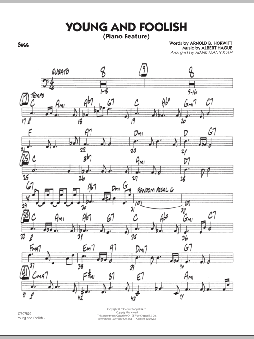 Download Frank Mantooth Young And Foolish - Bass Sheet Music and learn how to play Jazz Ensemble PDF digital score in minutes