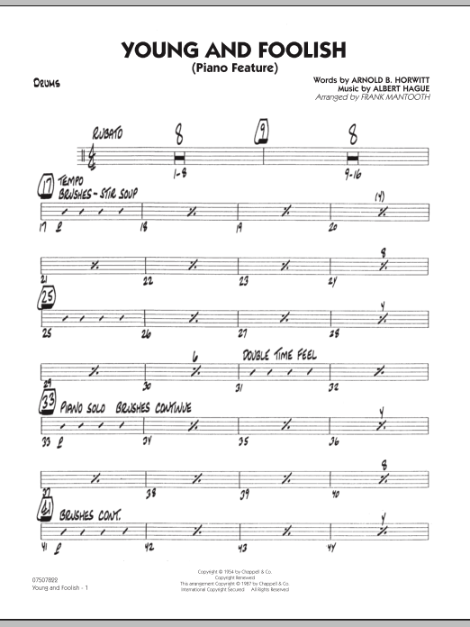 Download Frank Mantooth Young And Foolish - Drums Sheet Music and learn how to play Jazz Ensemble PDF digital score in minutes