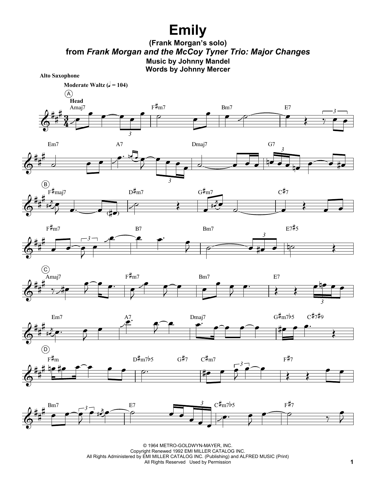 Download Frank Morgan Emily Sheet Music and learn how to play Alto Sax Transcription PDF digital score in minutes