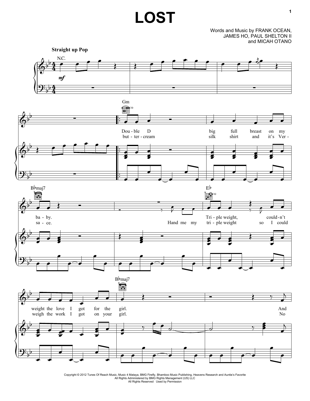 Download Frank Ocean Lost Sheet Music and learn how to play Piano, Vocal & Guitar (Right-Hand Melody) PDF digital score in minutes