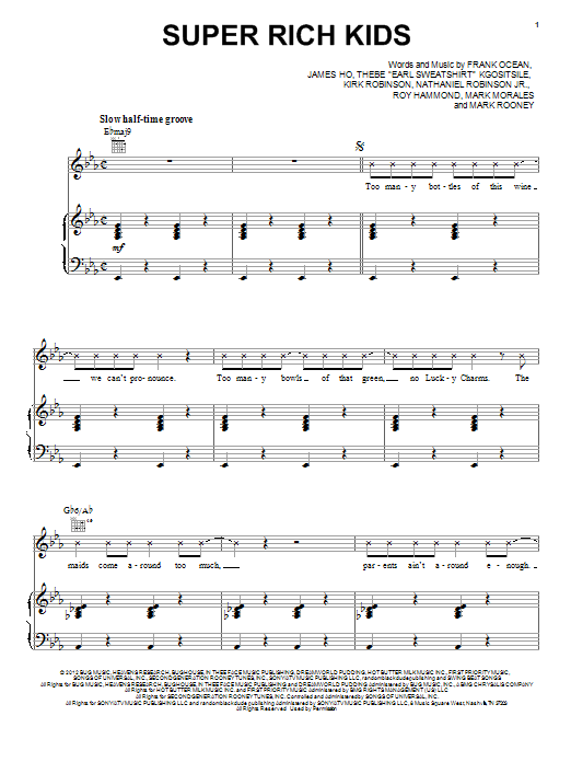 Download Frank Ocean Super Rich Kids Sheet Music and learn how to play Piano, Vocal & Guitar (Right-Hand Melody) PDF digital score in minutes