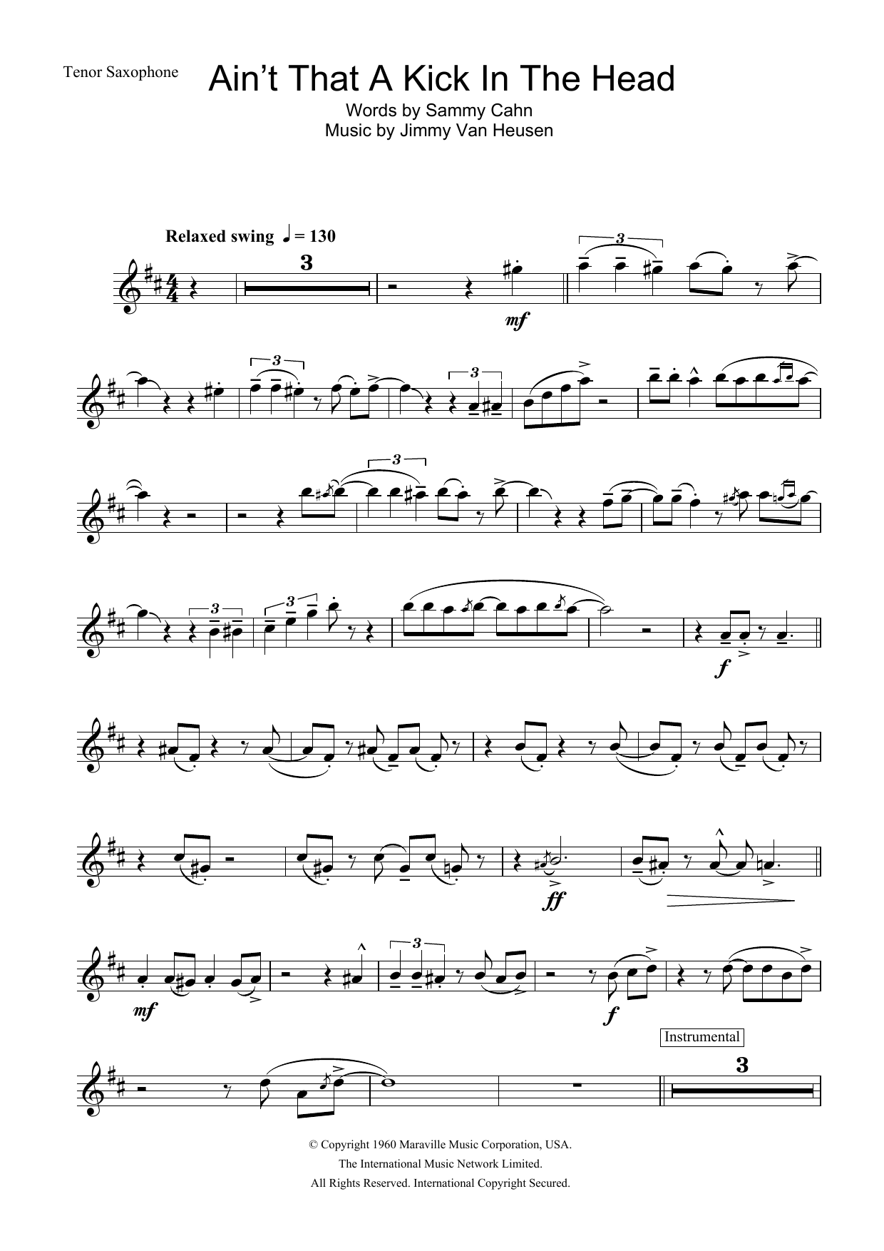 Download Frank Sinatra Ain't That A Kick In The Head Sheet Music and learn how to play Tenor Saxophone PDF digital score in minutes