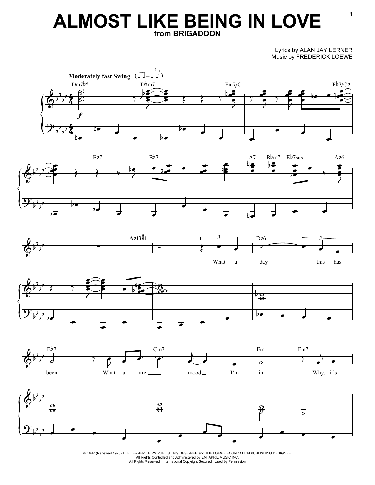 Download Frank Sinatra Almost Like Being In Love Sheet Music and learn how to play Piano Chords/Lyrics PDF digital score in minutes