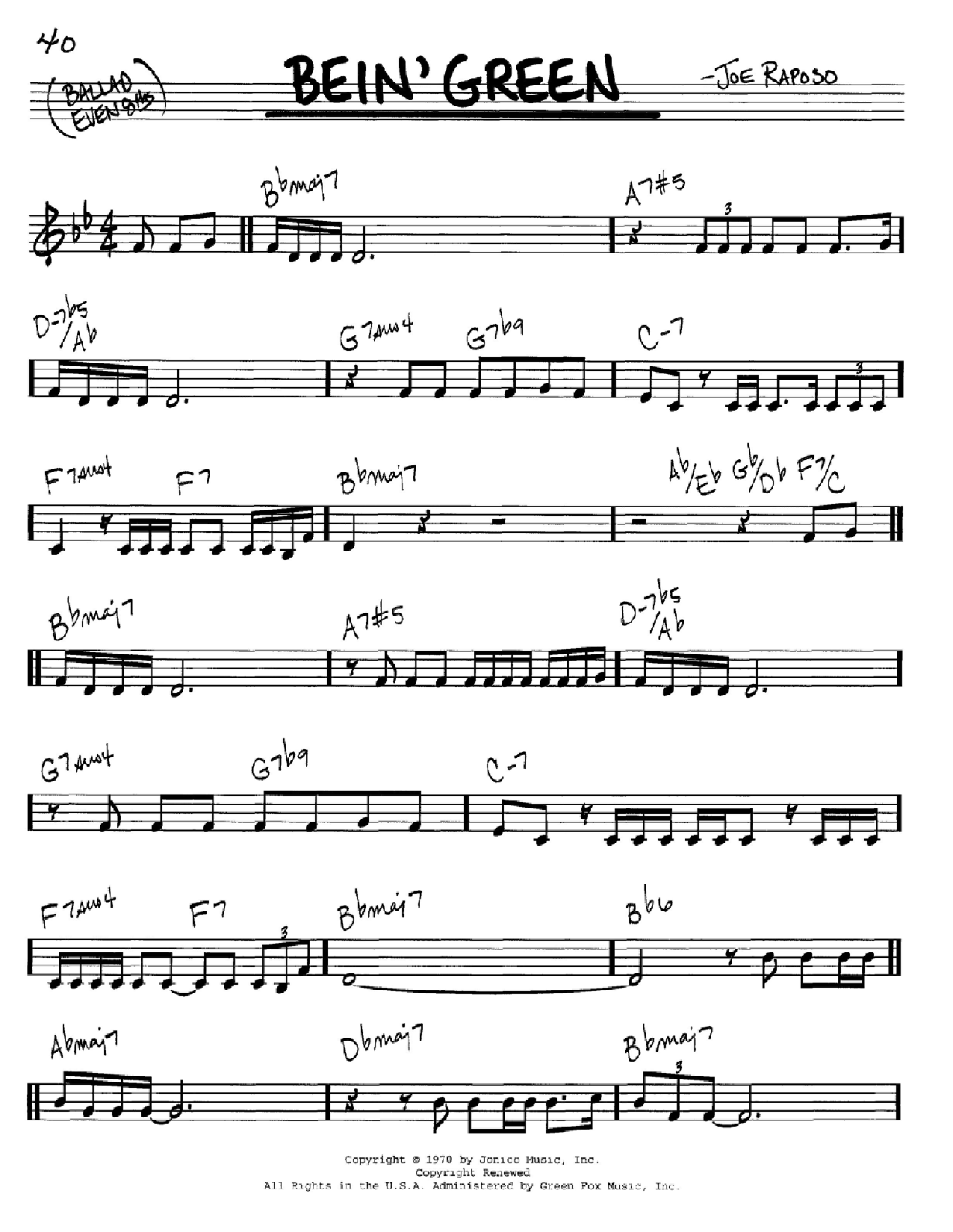Download Frank Sinatra Bein' Green Sheet Music and learn how to play Real Book - Melody & Chords - C Instruments PDF digital score in minutes
