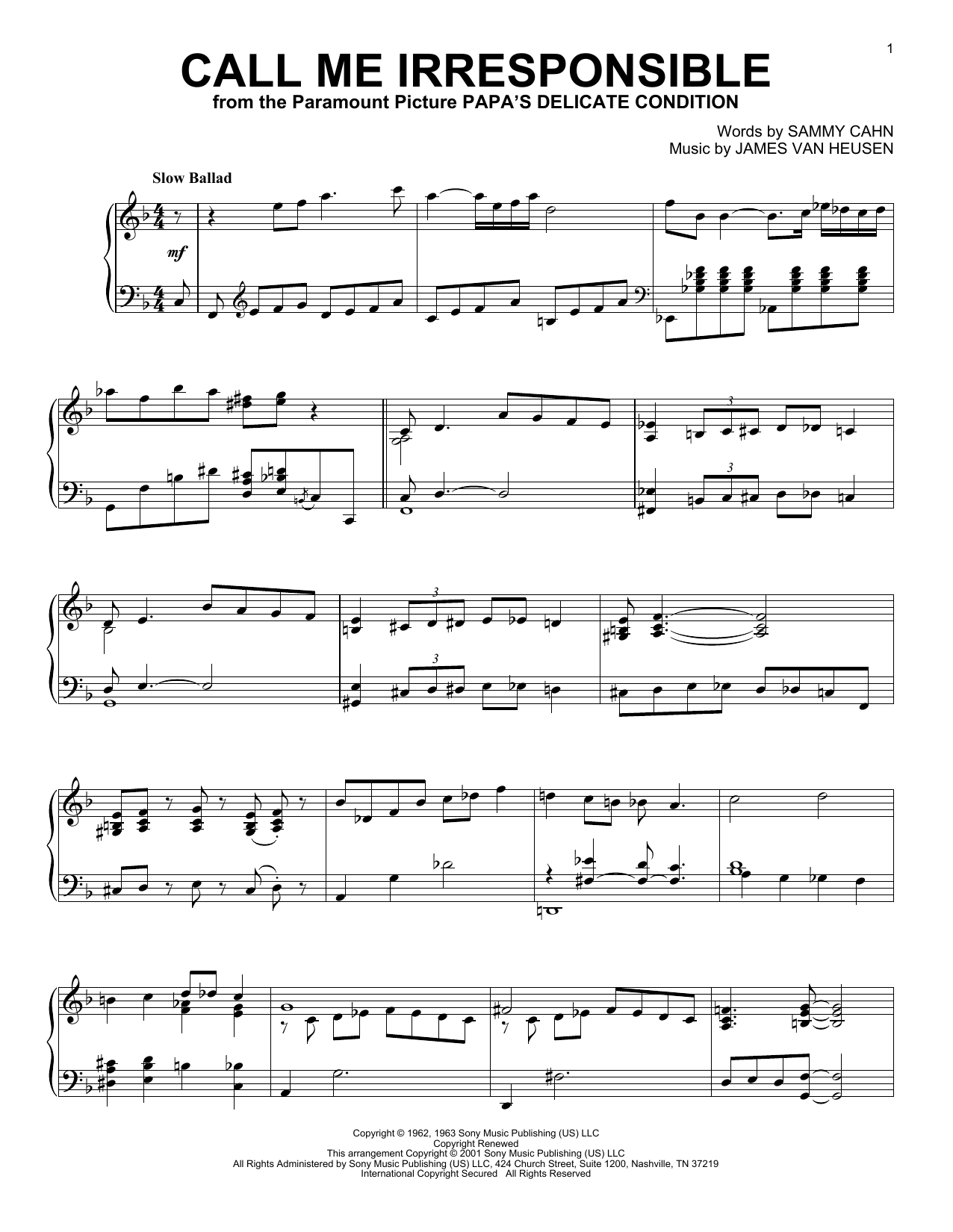 Download Frank Sinatra Call Me Irresponsible (arr. Al Lerner) Sheet Music and learn how to play Piano Solo PDF digital score in minutes