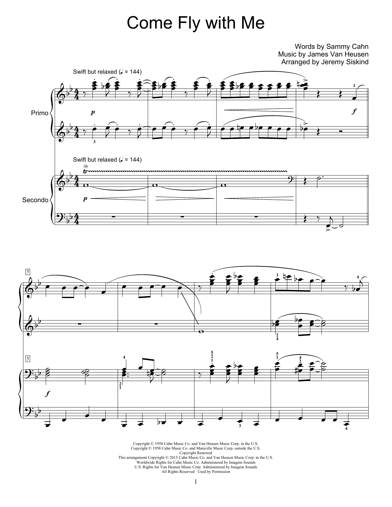 Download Jeremy Siskind Come Fly With Me Sheet Music and learn how to play Piano Duet PDF digital score in minutes