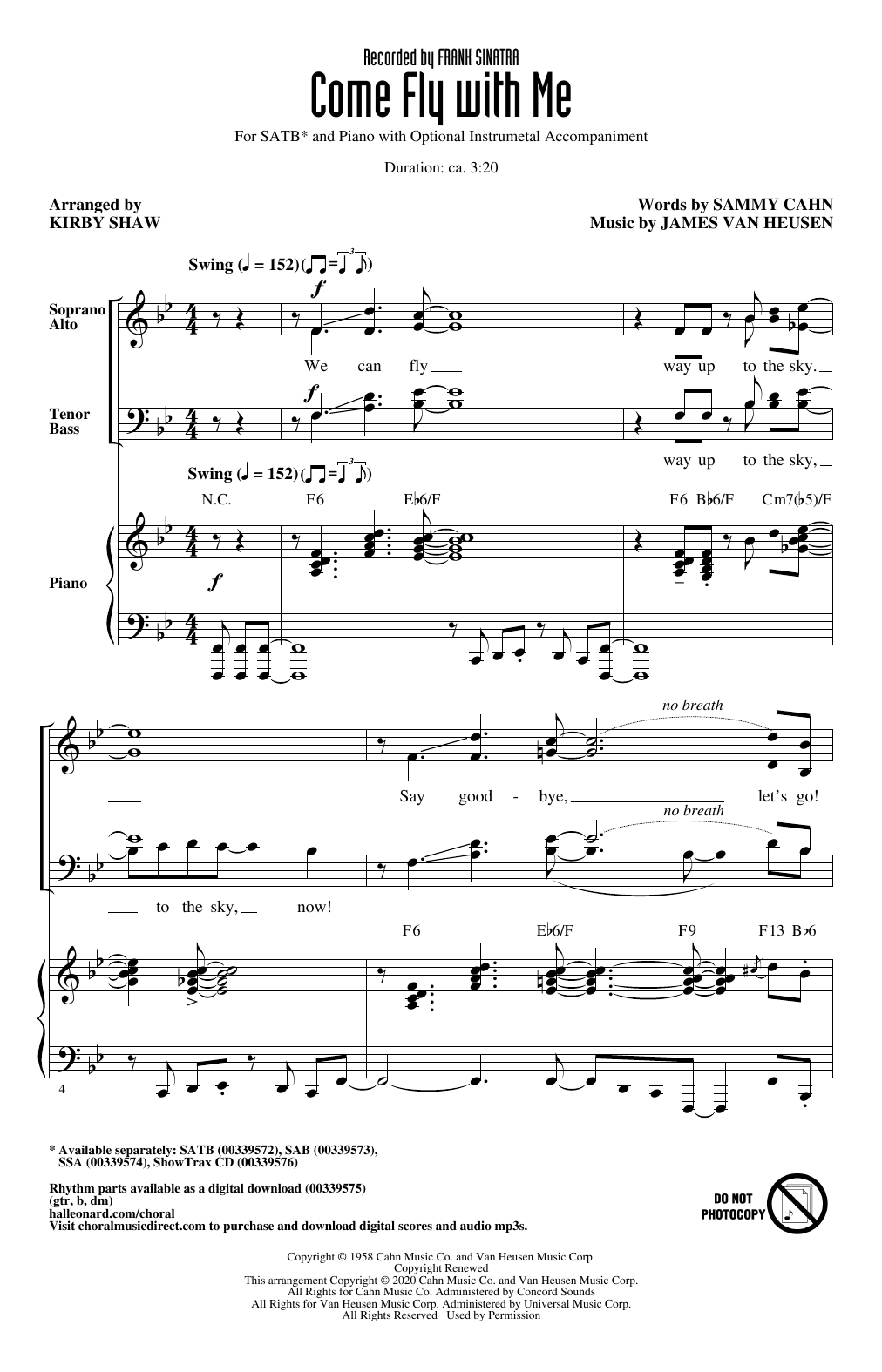 Download Frank Sinatra Come Fly With Me (arr. Kirby Shaw) Sheet Music and learn how to play SATB Choir PDF digital score in minutes