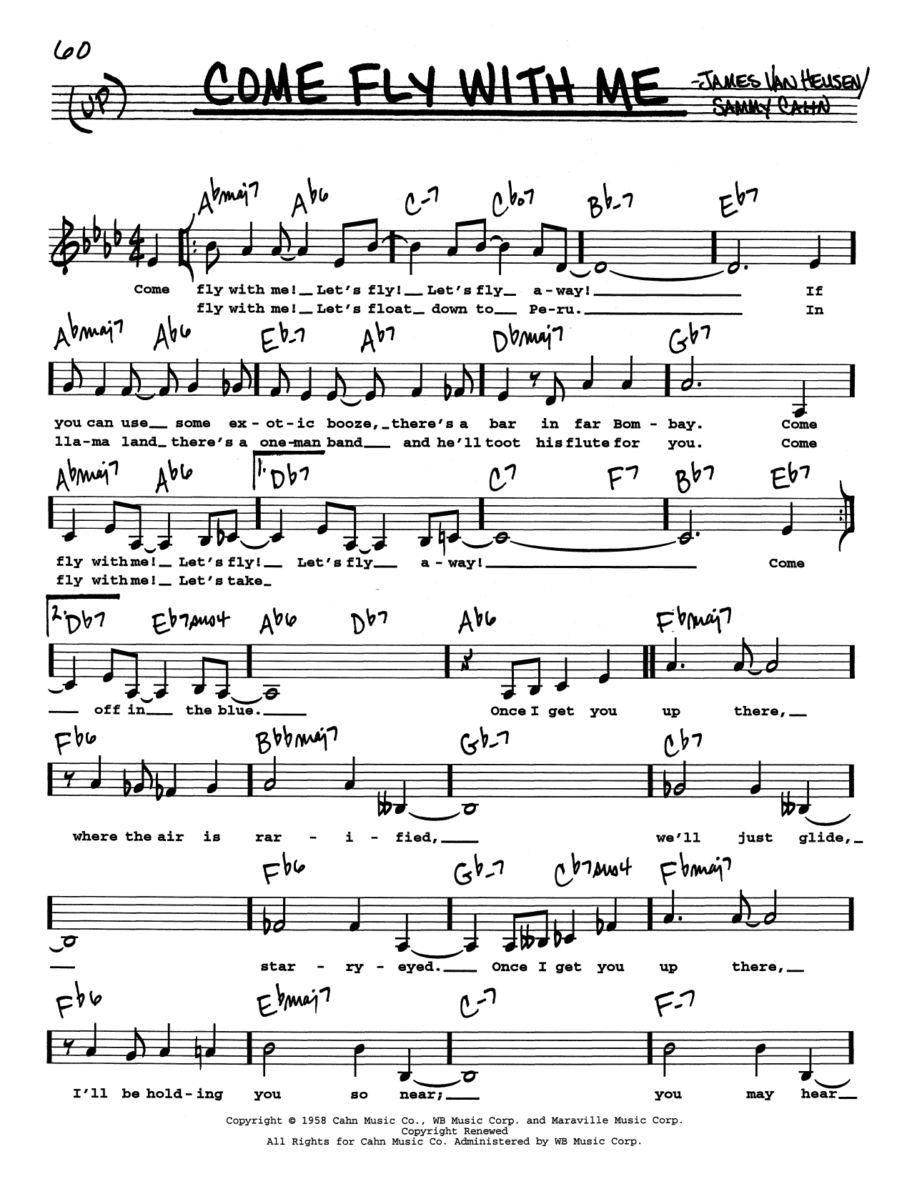 Download Frank Sinatra Come Fly With Me (Low Voice) Sheet Music and learn how to play Real Book – Melody, Lyrics & Chords PDF digital score in minutes