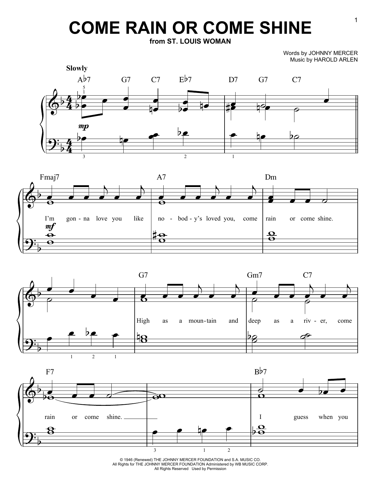 Download Frank Sinatra Come Rain Or Come Shine Sheet Music and learn how to play Easy Piano PDF digital score in minutes