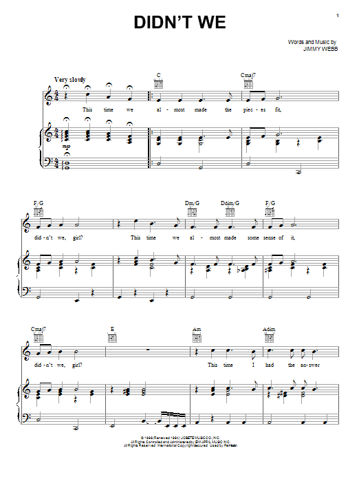 Download Frank Sinatra Didn't We Sheet Music and learn how to play Piano, Vocal & Guitar (Right-Hand Melody) PDF digital score in minutes