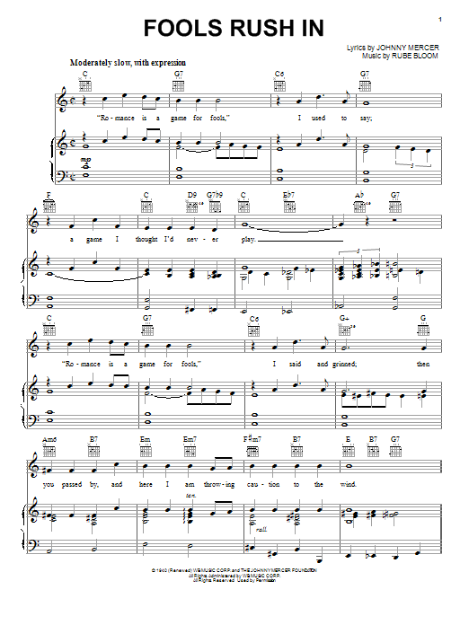 Download Frank Sinatra Fools Rush In Sheet Music and learn how to play Piano, Vocal & Guitar (Right-Hand Melody) PDF digital score in minutes