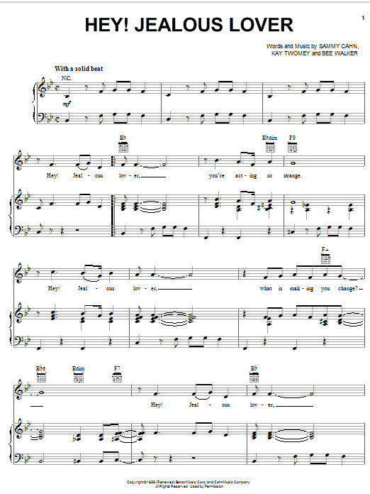 Download Frank Sinatra Hey! Jealous Lover Sheet Music and learn how to play Piano & Vocal PDF digital score in minutes