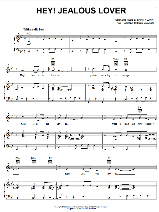 Download Frank Sinatra Hey! Jealous Lover Sheet Music and learn how to play Lyrics & Chords PDF digital score in minutes